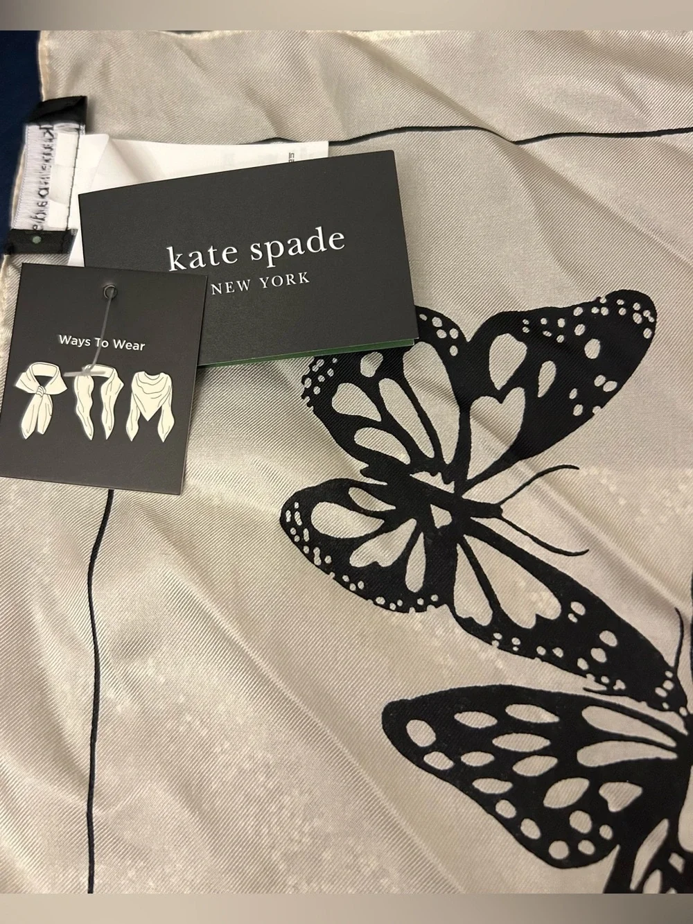 Kate Spade New York silk black and cream butterfly square scarf 100% silk